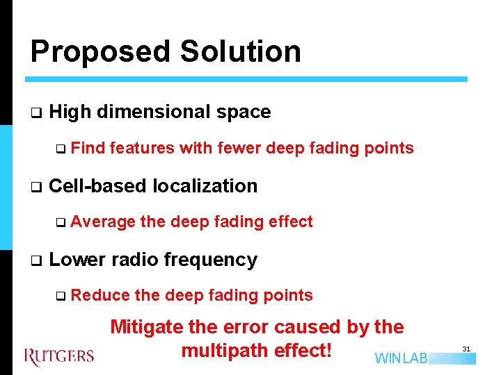 Proposed Solution q High dimensional space q q Cell-based localization q q Find features