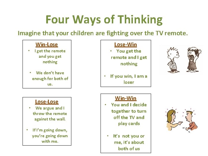 Four Ways of Thinking Imagine that your children are fighting over the TV remote.