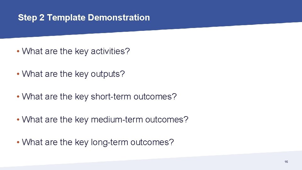 Step 2 Template Demonstration • What are the key activities? • What are the