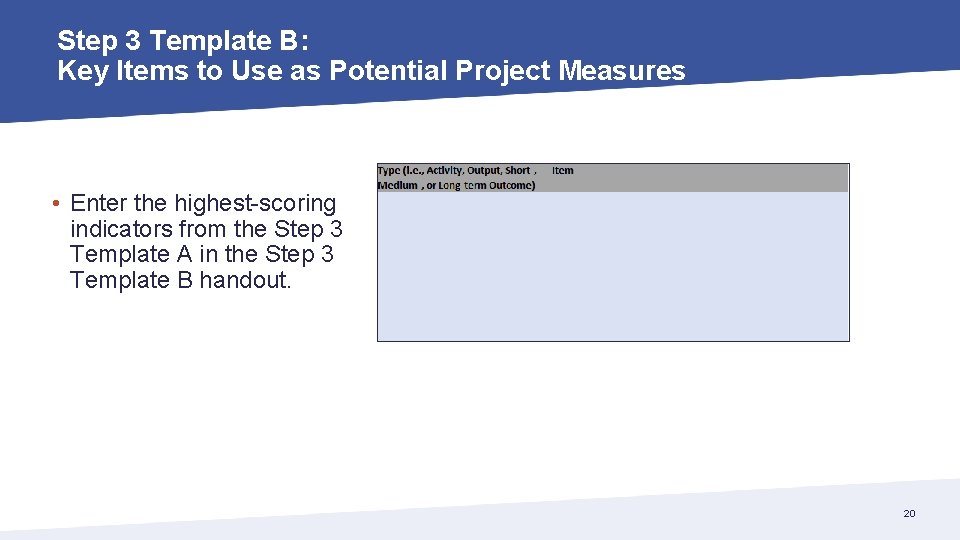 Step 3 Template B: Key Items to Use as Potential Project Measures • Enter