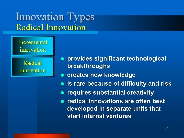 Innovation Types Radical Innovation Incremental innovation Radical innovation l l l provides significant technological