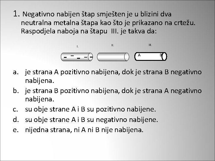 1. Negativno nabijen štap smješten je u blizini dva neutralna metalna štapa kao što