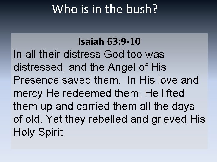 Who is in the bush? Isaiah 63: 9 -10 In all their distress God