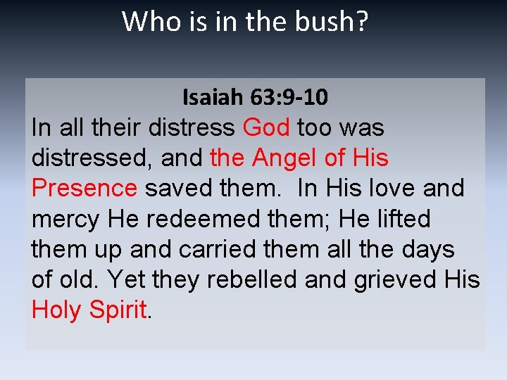 Who is in the bush? Isaiah 63: 9 -10 In all their distress God