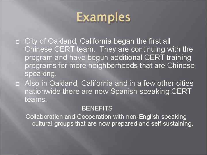 Examples City of Oakland, California began the first all Chinese CERT team. They are