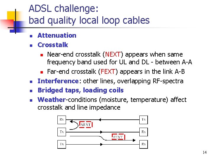 ADSL challenge: bad quality local loop cables n n n Attenuation Crosstalk n Near-end