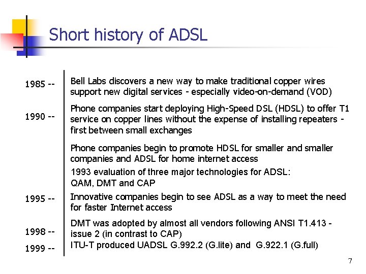 Short history of ADSL 1985 -- Bell Labs discovers a new way to make