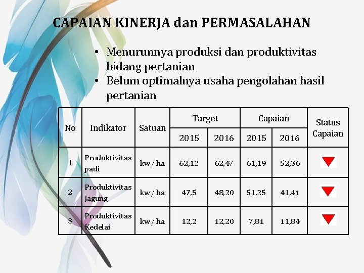CAPAIAN KINERJA dan PERMASALAHAN • Menurunnya produksi dan produktivitas bidang pertanian • Belum optimalnya