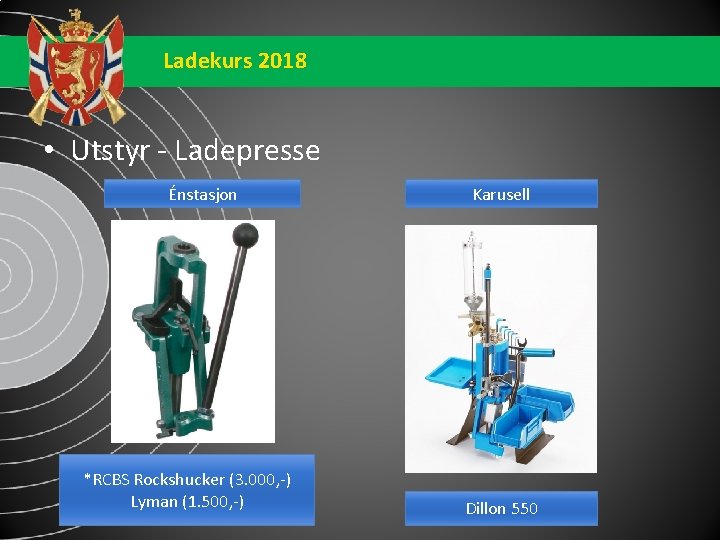 Ladekurs 2018 • Utstyr - Ladepresse Énstasjon *RCBS Rockshucker (3. 000, -) Lyman (1.