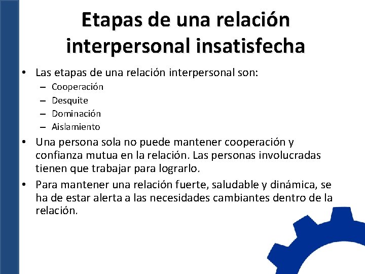 Etapas de una relación interpersonal insatisfecha • Las etapas de una relación interpersonal son: