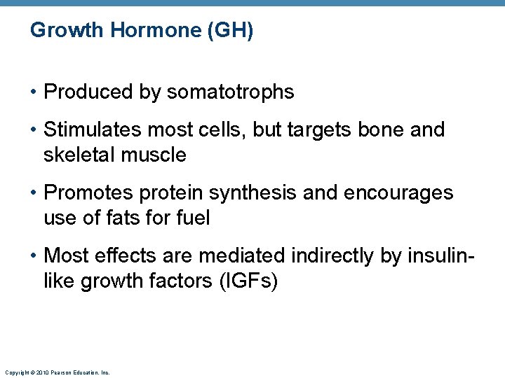 Growth Hormone (GH) • Produced by somatotrophs • Stimulates most cells, but targets bone