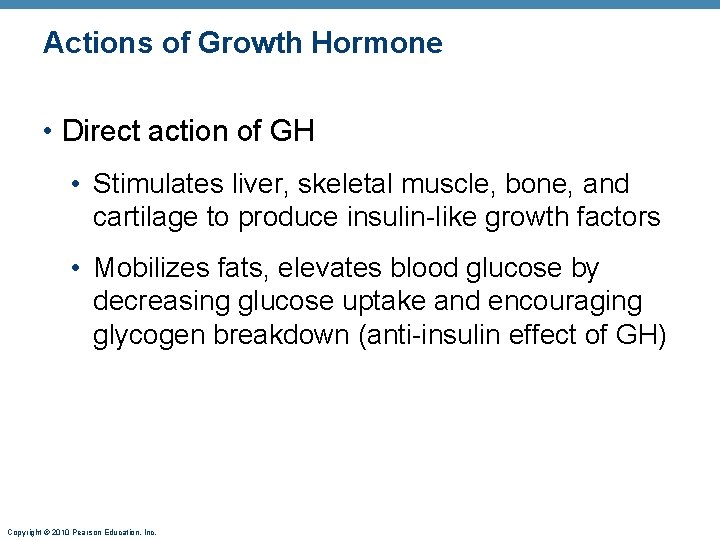 Actions of Growth Hormone • Direct action of GH • Stimulates liver, skeletal muscle,