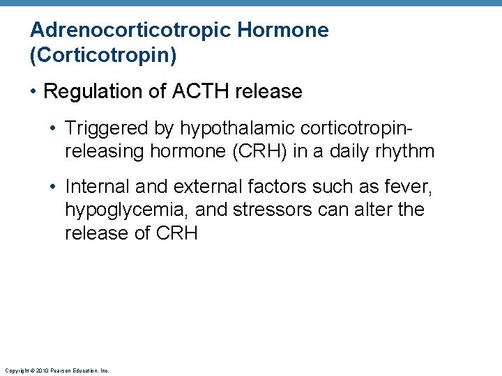 Adrenocorticotropic Hormone (Corticotropin) • Regulation of ACTH release • Triggered by hypothalamic corticotropinreleasing hormone