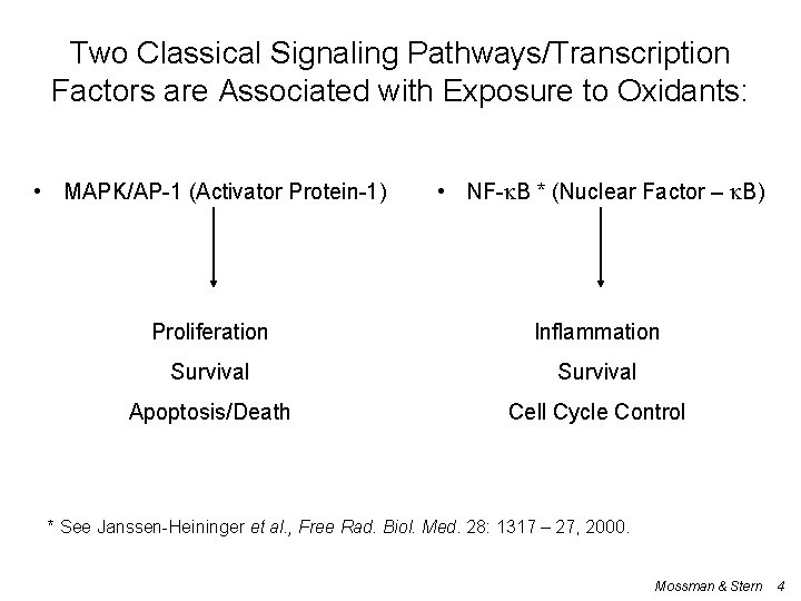 Two Classical Signaling Pathways/Transcription Factors are Associated with Exposure to Oxidants: • MAPK/AP-1 (Activator