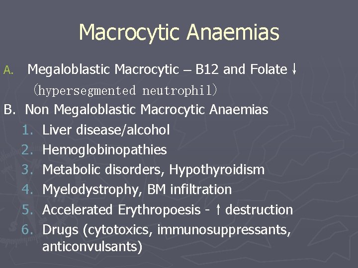 Macrocytic Anaemias Megaloblastic Macrocytic – B 12 and Folate↓ (hypersegmented neutrophil) B. Non Megaloblastic