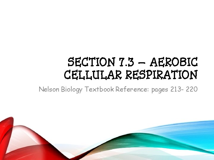 SECTION 7. 3 – AEROBIC CELLULAR RESPIRATION Nelson Biology Textbook Reference: pages 213 -