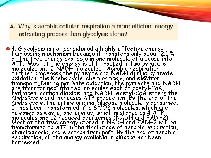 4. Glycolysis is not considered a highly effective energyharnessing mechanism because it transfers only