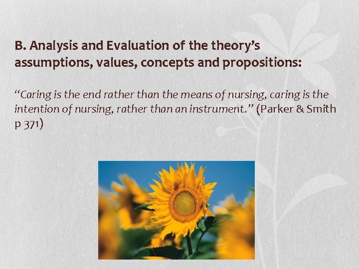 B. Analysis and Evaluation of theory’s assumptions, values, concepts and propositions: “Caring is the