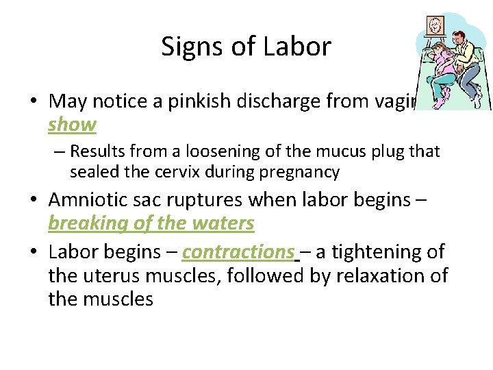 Signs of Labor • May notice a pinkish discharge from vagina – show –