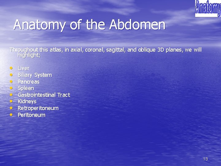 Anatomy of the Abdomen Throughout this atlas, in axial, coronal, sagittal, and oblique 3