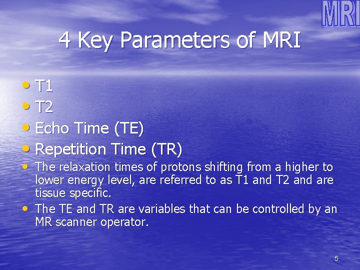 4 Key Parameters of MRI • T 1 • T 2 • Echo Time