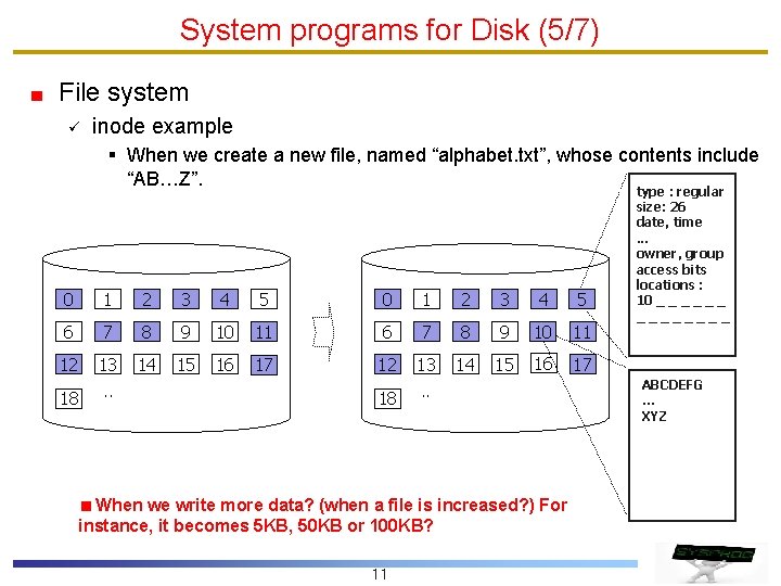System programs for Disk (5/7) File system ü inode example § When we create