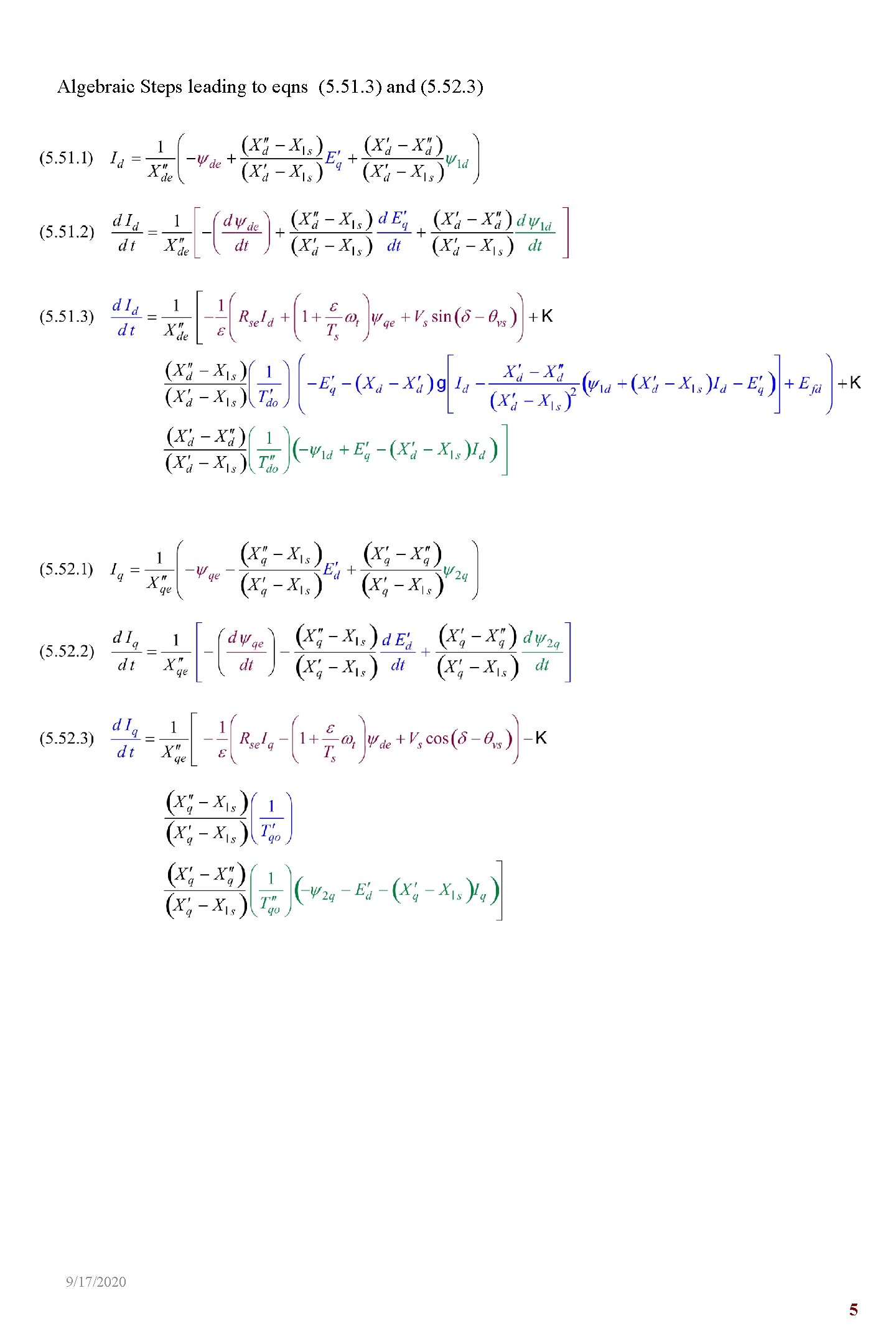 Algebraic Steps leading to eqns (5. 51. 3) and (5. 52. 3) 9/17/2020 5