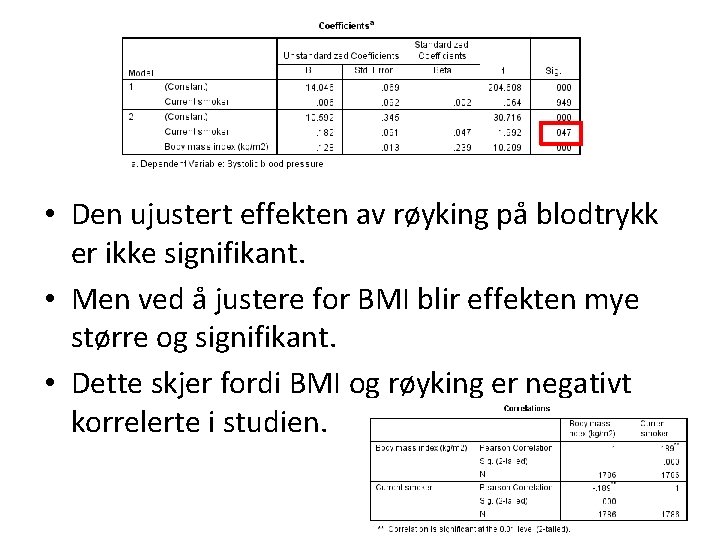  • Den ujustert effekten av røyking på blodtrykk er ikke signifikant. • Men
