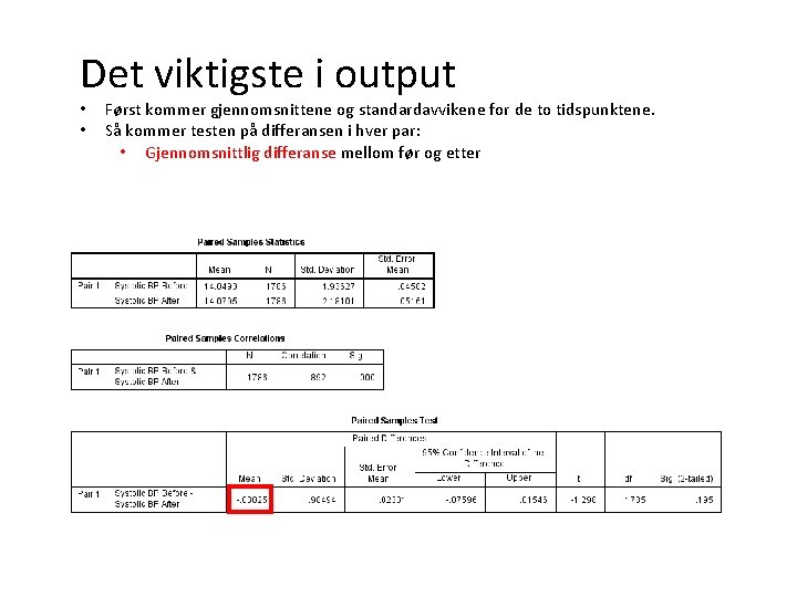 Det viktigste i output • • Først kommer gjennomsnittene og standardavvikene for de to