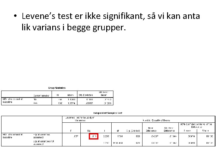  • Levene’s test er ikke signifikant, så vi kan anta lik varians i