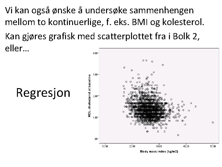 Vi kan også ønske å undersøke sammenhengen mellom to kontinuerlige, f. eks. BMI og