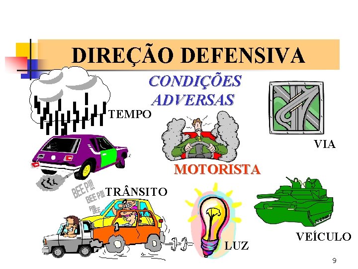 DIREÇÃO DEFENSIVA CONDIÇÕES ADVERSAS TEMPO VIA MOTORISTA TR NSITO LUZ VEÍCULO 9 