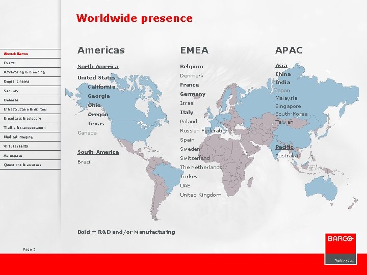 Worldwide presence About Barco Events Americas EMEA APAC North America Belgium Asia United States