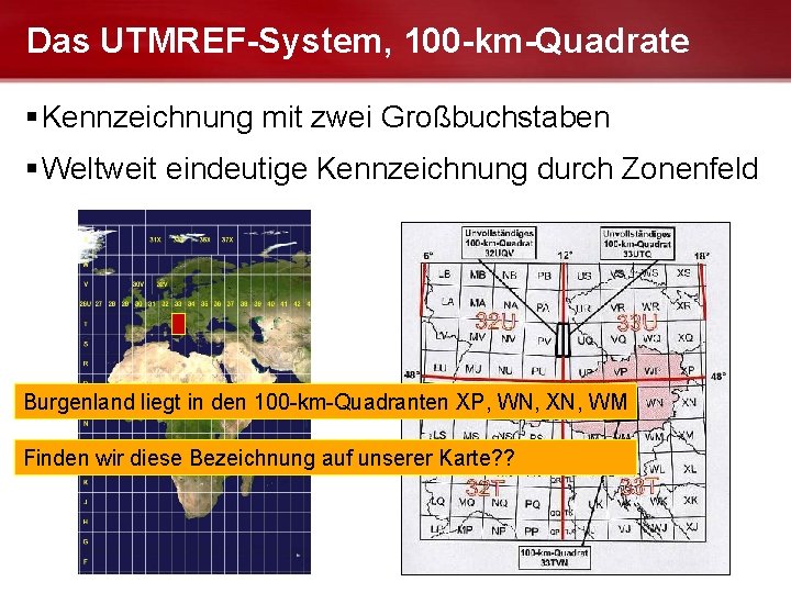 Das UTMREF-System, 100 -km-Quadrate Kennzeichnung mit zwei Großbuchstaben Weltweit eindeutige Kennzeichnung durch Zonenfeld Burgenland