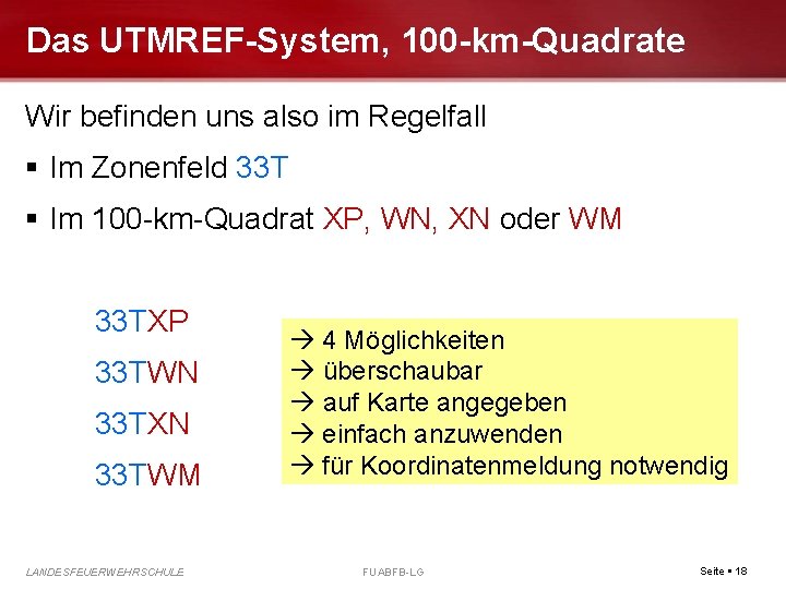 Das UTMREF-System, 100 -km-Quadrate Wir befinden uns also im Regelfall Im Zonenfeld 33 T
