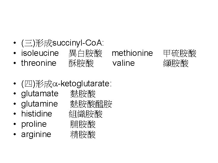  • (三)形成succinyl-Co. A: • isoleucine 異白胺酸 methionine • threonine 酥胺酸 valine • •