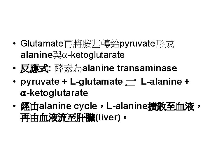  • Glutamate再將胺基轉給pyruvate形成 alanine與 -ketoglutarate • 反應式: 酵素為alanine transaminase • pyruvate + L-glutamate L-alanine