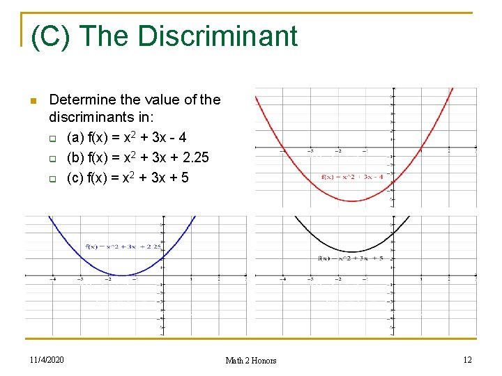 (C) The Discriminant n Determine the value of the discriminants in: q (a) f(x)