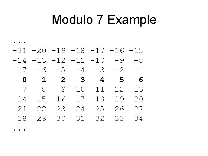 Modulo 7 Example. . . -21 -20 -19 -18 -17 -16 -15 -14 -13