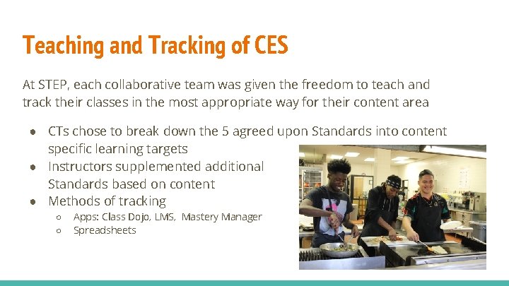 Teaching and Tracking of CES At STEP, each collaborative team was given the freedom