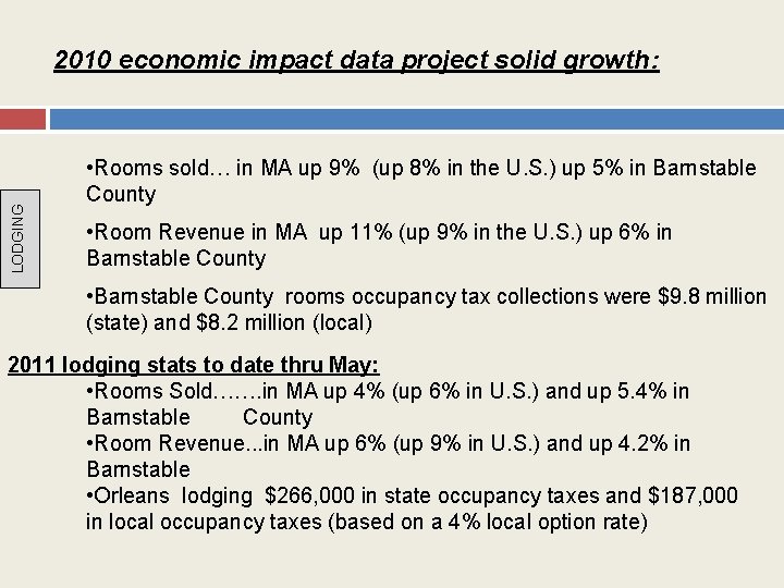 LODGING 2010 economic impact data project solid growth: • Rooms sold… in MA up