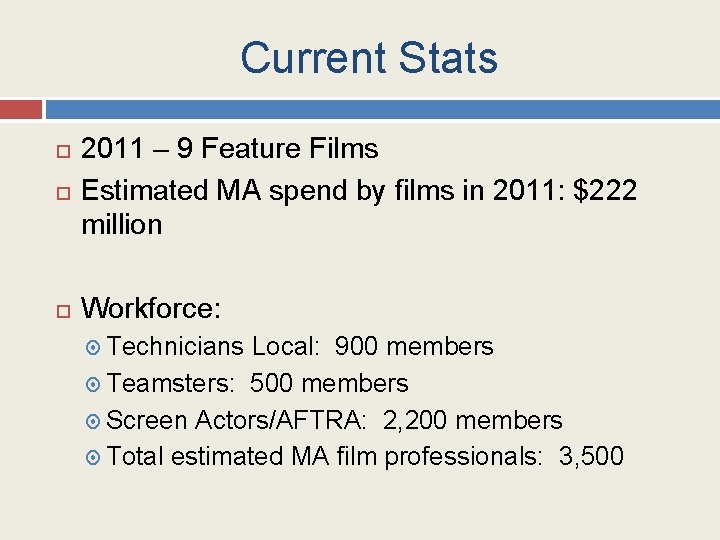 Current Stats 2011 – 9 Feature Films Estimated MA spend by films in 2011: