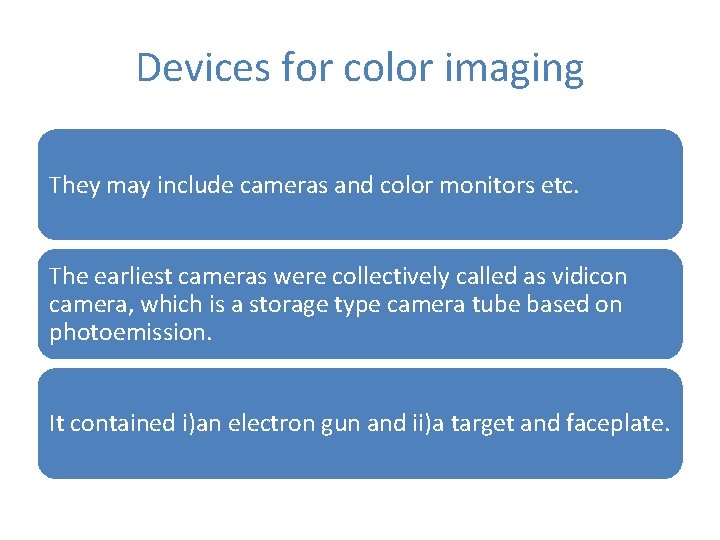 Devices for color imaging They may include cameras and color monitors etc. The earliest Devices for color imaging They may include cameras and color monitors etc. The earliest
