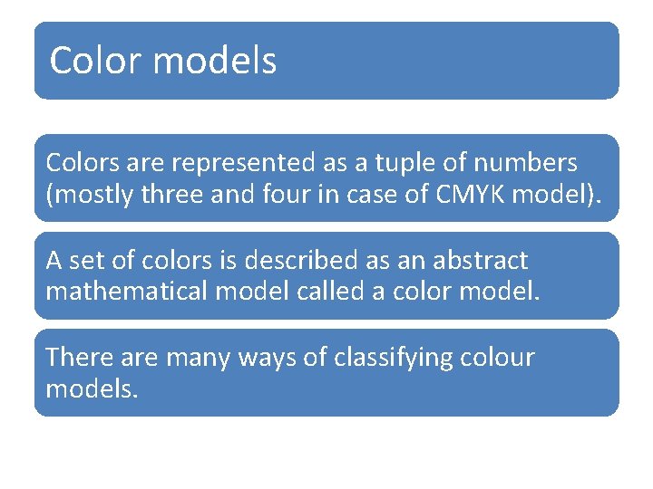 Color models Colors are represented as a tuple of numbers (mostly three and four