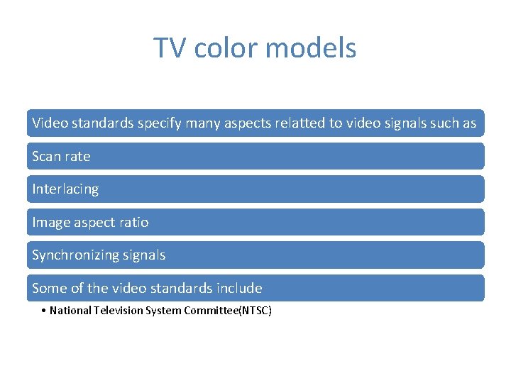 TV color models Video standards specify many aspects relatted to video signals such as