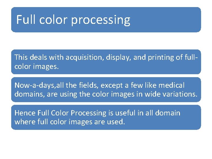 Full color processing This deals with acquisition, display, and printing of fullcolor images. Now-a-days,