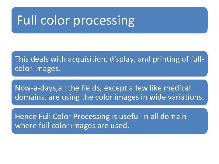 Full color processing This deals with acquisition, display, and printing of fullcolor images. Now-a-days, Full color processing This deals with acquisition, display, and printing of fullcolor images. Now-a-days,
