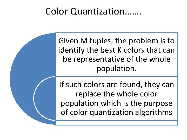 Color Quantization……. Given M tuples, the problem is to identify the best K colors