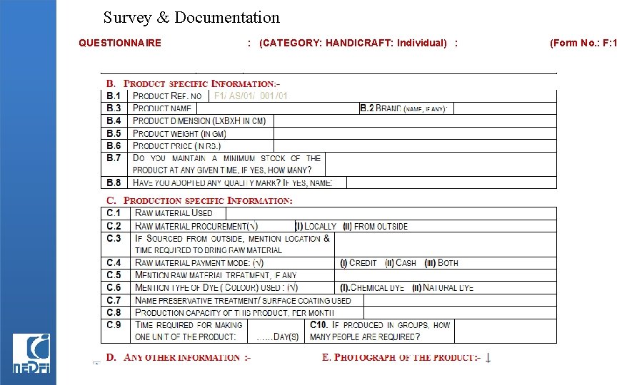 Survey & Documentation QUESTIONNAIRE : (CATEGORY: HANDICRAFT: Individual) : (Form No. : F: 1