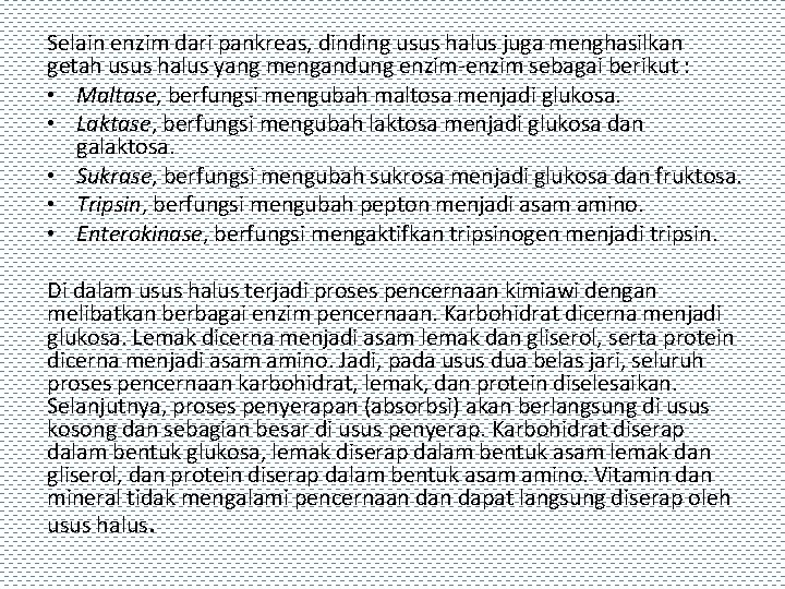 Selain enzim dari pankreas, dinding usus halus juga menghasilkan getah usus halus yang mengandung